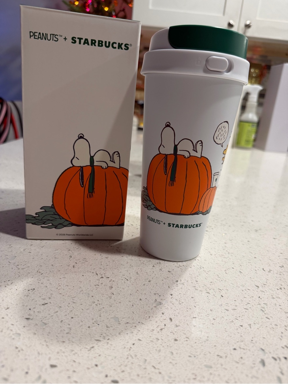 Starbucks White Travel Tumbler with Orange Pumpkin and Green Lid